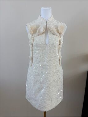 Self-Portrait Cream Sequin Mini Dress with Floral Appliqué